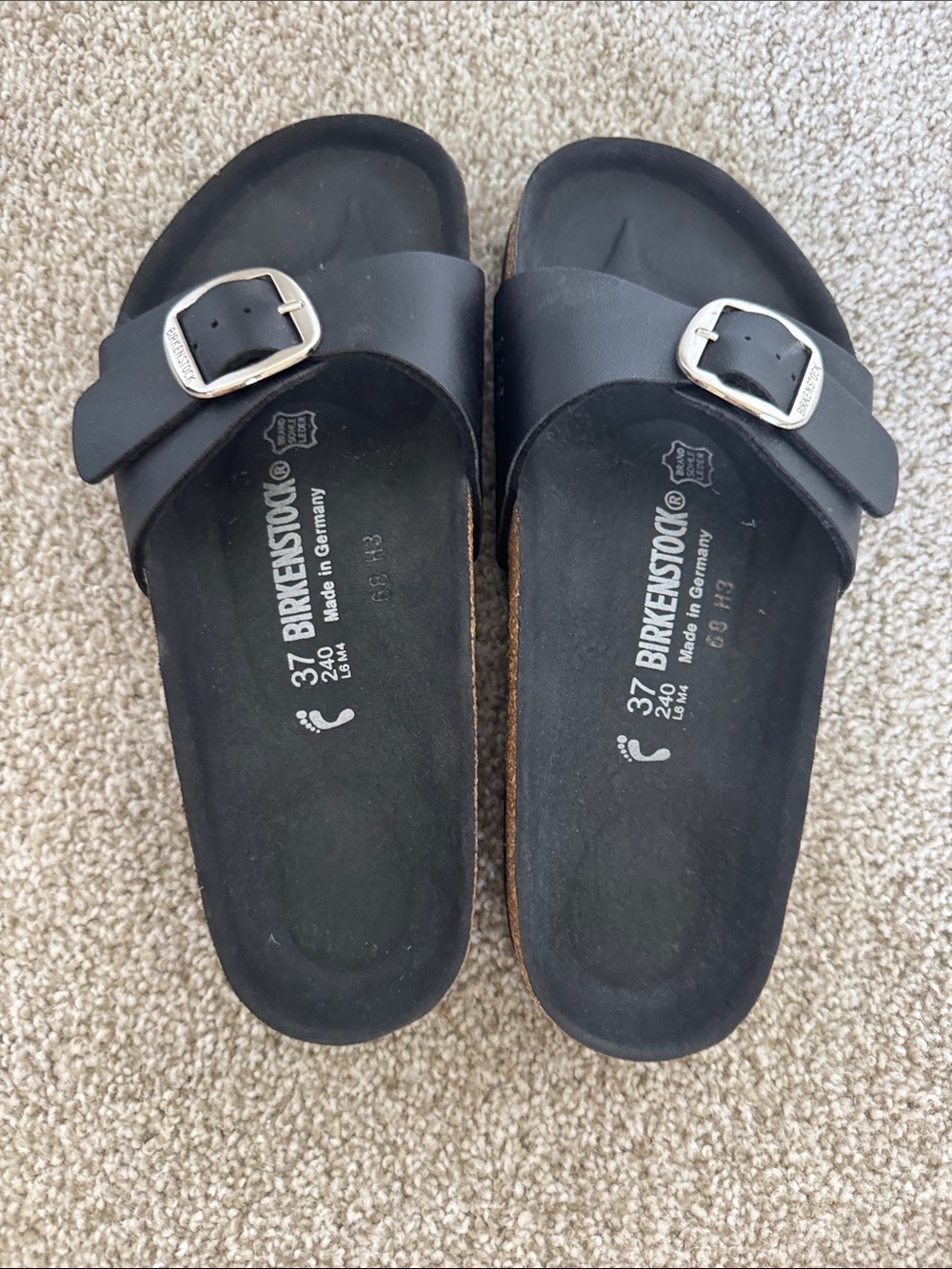 Birkenstock Black Single-Strap Madrid Slides with Silver Buckles